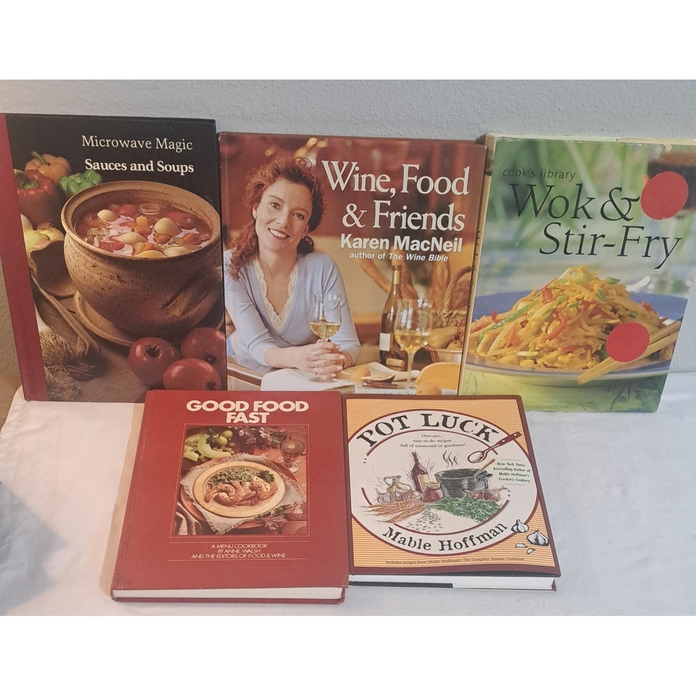 Vintage Cookbook Lot of 5 Hardcover Cookbooks Wine Food Wok Soups Pot Luck